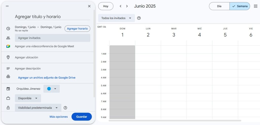Muestra de una actividad o evento en Google Calendar