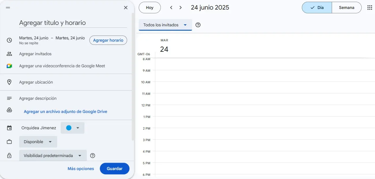 Vista de cómo crear y configurar un evento en Google Calendar.