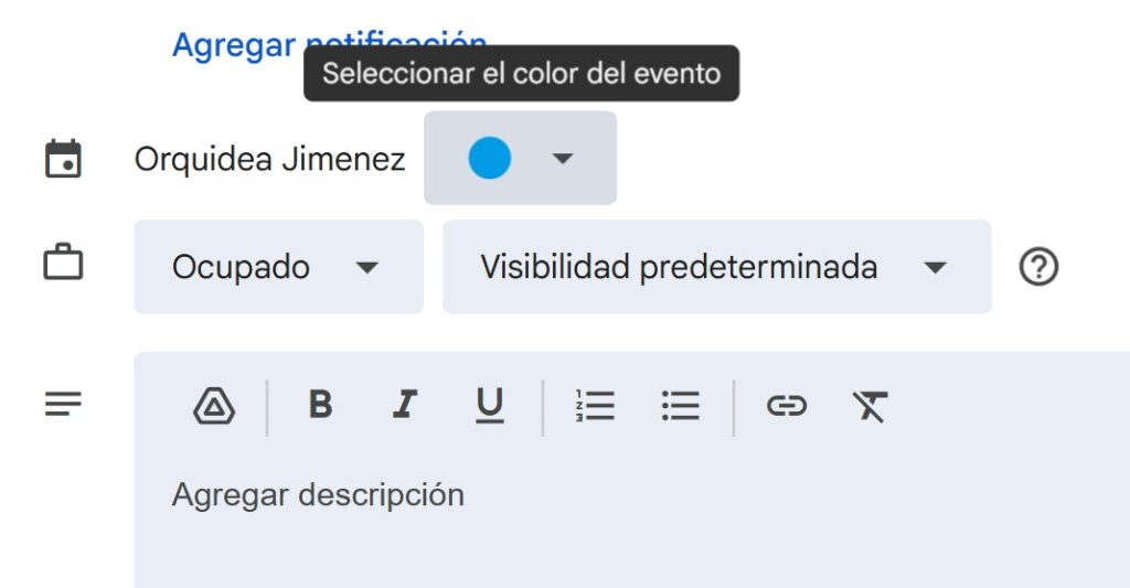 Vista de cómo cambiar el color a un evento en Google Calendar.