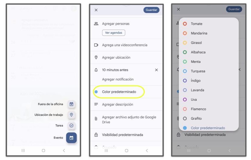 Vista de cómo asignar color a evento en la app de Google Calendar.