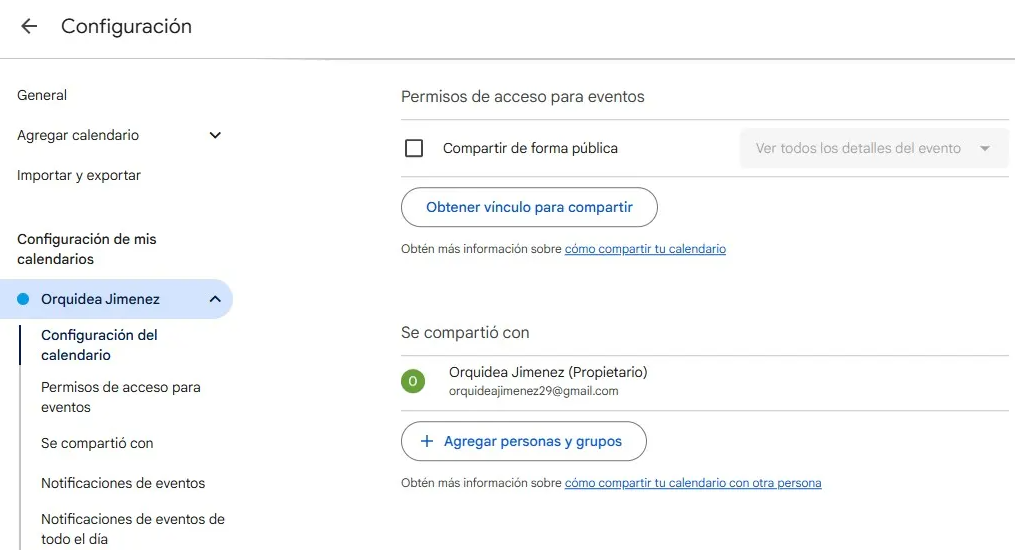 Vista de configuración de calendario para compartir.