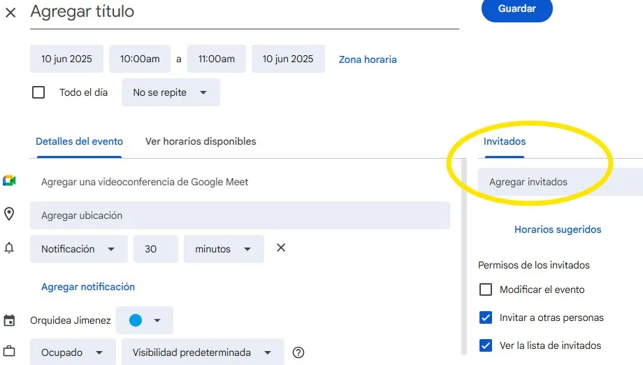 Vista de cómo agregar invitados a un evento de Google Calendar.