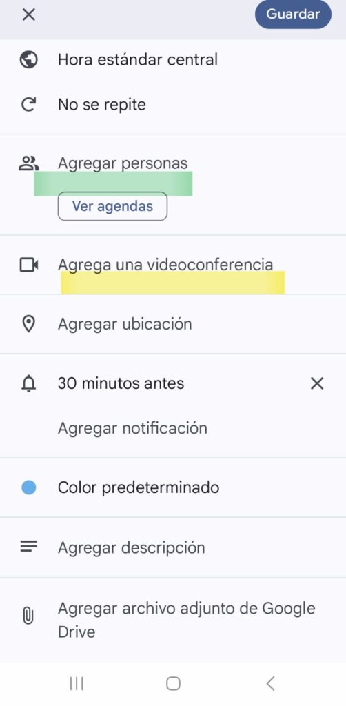 Vista de cómo agregar personas o reunión de Meet en evento de Google Calendar.
