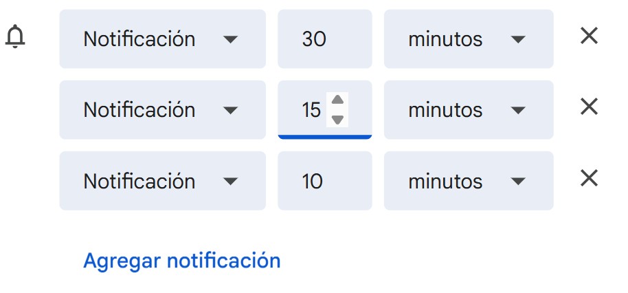 Vista de configuración de notificaciones en eventos de Google Calendar.