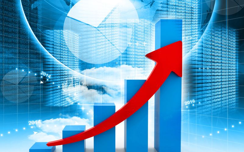 Gráfica de crecimiento económico con flecha ascendente, representando el impacto de las pymes en el empleo y el PIB en México.