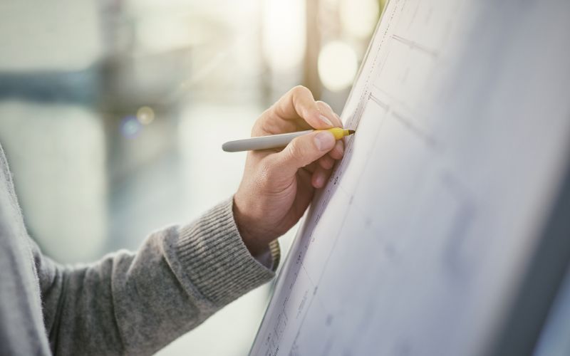 Persona trabaja un modelo de negocio para aprovechar sus beneficios: claridad, enfoque, análisis, diferenciación y ajuste.
