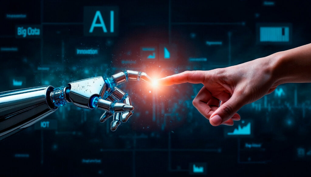 Mano humana y mano robótica tocándose, con un punto de luz en la punta de sus dedos. En el fondo, las palabras “AI” y “Big Data” que representan la interacción con la inteligencia artificial.