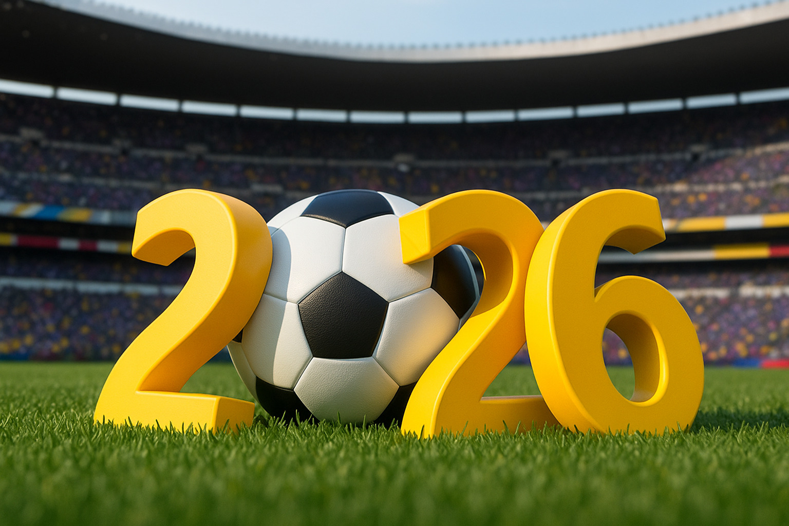 Juego de números que forman un 2026 usando un balón de futbol como cero, están sobre el pasto de un estadio.