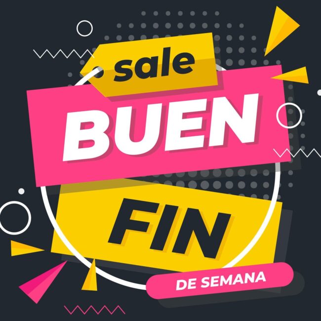 Cartel que destaca la frase "Sale Buen Fin", con elementos en color rosa, negro, amarillo y blanco.