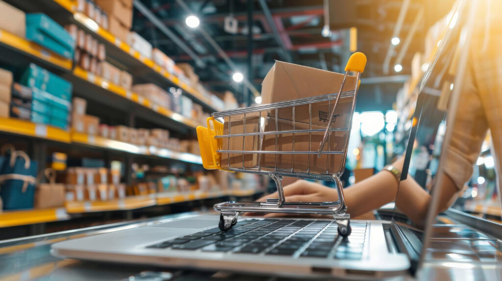Un carrito de compras que contiene cajas está sobre una laptop. De fondo se aprecia el almacén de una tienda en línea.