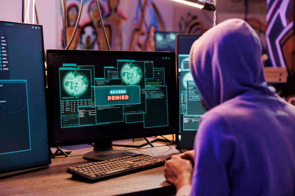 Hombre con sudadera (hacker) está sentado frente a tres monitores de computadora que muestran una serie de códigos y la leyenda "Access Denied".