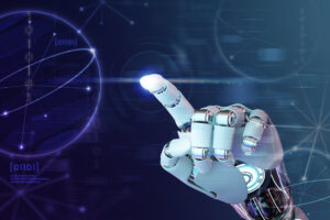 Mano robótica con el dedo índice señalando o tocando una línea de luz. El fondo es azul con destellos luminosos. La imagen ilustra a la Inteligencia Artificial.