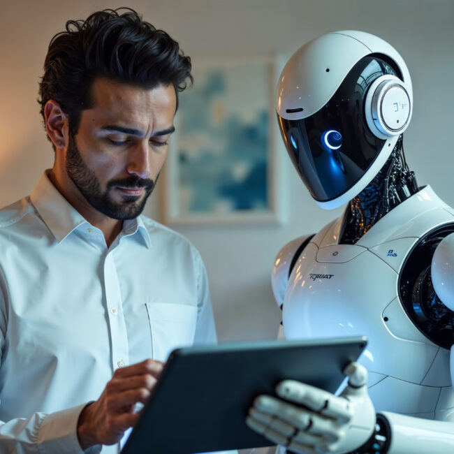 Un humano junto a un robot humanoide. Juntos sostienen y ven una tableta electrónica.