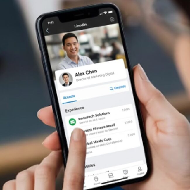 Vista de una mano que sostiene un teléfono celular donde se ve un perfil de LinkedIn