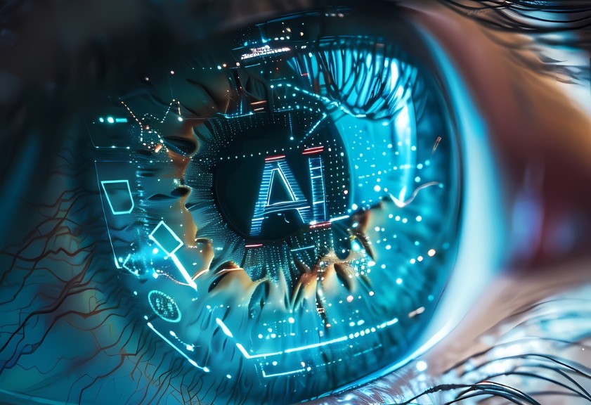 Close up de un ojo humano que tiene representaciones gráficas de luces y las letras IA. 