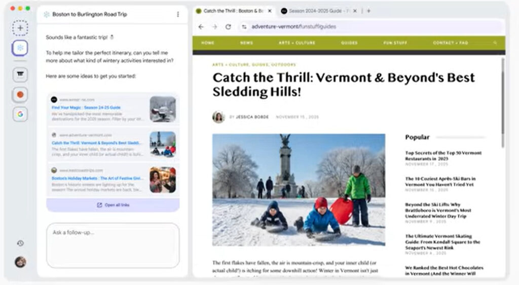 Vista de la experiencia de Google en su navegador Disco.