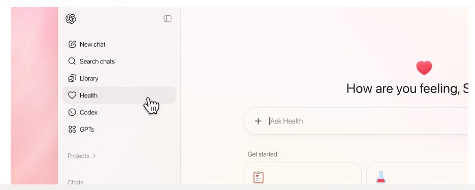Muestra de la nueva opción Health, dentro de la plataforma de ChatGPT.