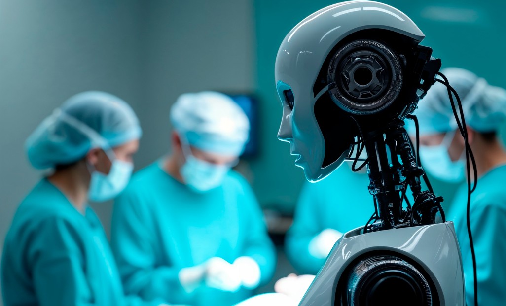Vista de perfil de un robot humanoide. De fondo se ven médicos en un quirófano.