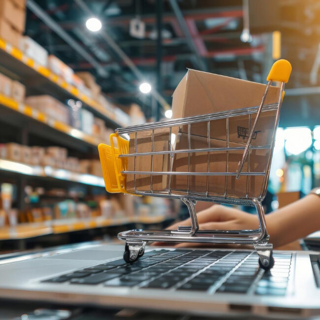 Un carrito del supermercado sobre una computadora que se encuentra en un escritorio, de fondo se ve un almacén de productos.