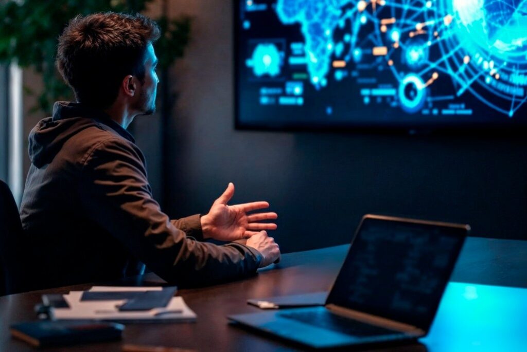 Hombre sentado en un escritorio mira hacia una pantalla en la pared, donde se muestra un mapa del mundo con conexiones. La imagen ilustra las habilidades digitales.