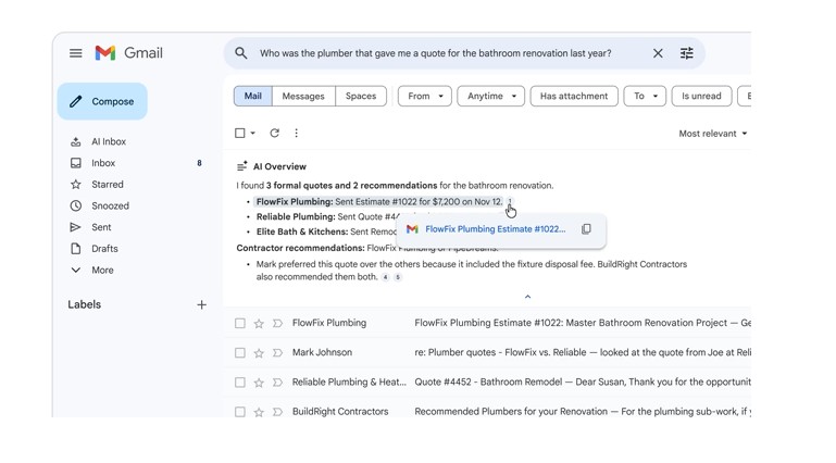 Vista a una bandeja de entrada de Gmail, donde se le ha hecho una pregunta para encontrar un dato.