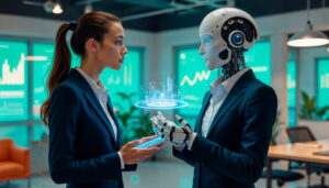 Mujer interactúa con robot humanoide en un espacio laboral. La imagen ilustra el uso de la inteligencia artificial en el trabajo.