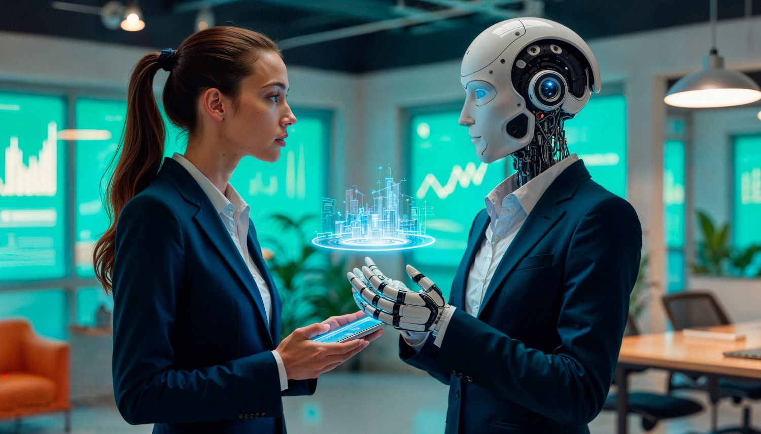 Mujer interactúa con robot humanoide en un espacio laboral. La imagen ilustra el uso de la inteligencia artificial en el trabajo.
