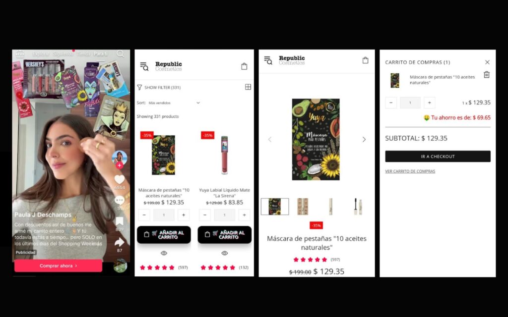 Proceso de compra en TikTok Shop México desde un video hasta el checkout con productos añadidos al carrito