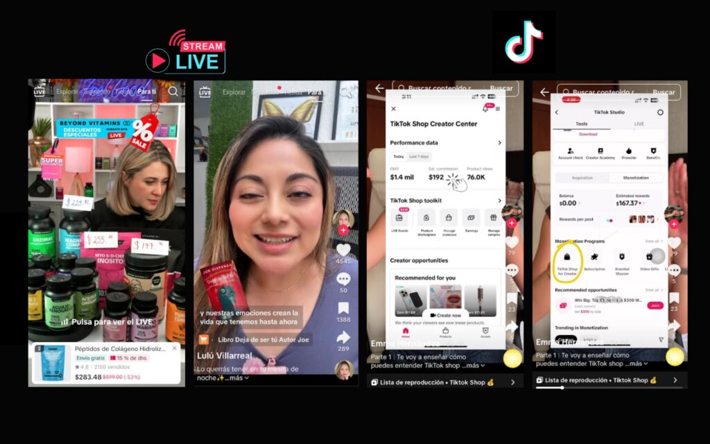 Creadores en TikTok Shop México mostrando productos en vivo y gestionando comisiones desde el Creator Center.
