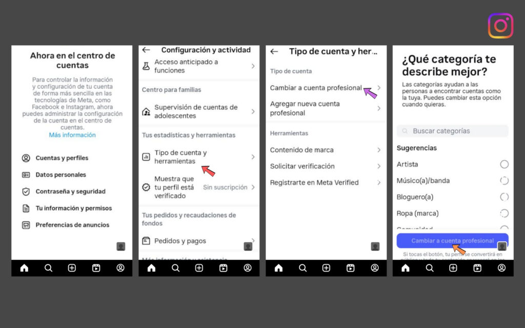 Guía visual para cambiar una cuenta personal de Instagram a cuenta profesional y activar herramientas de negocio