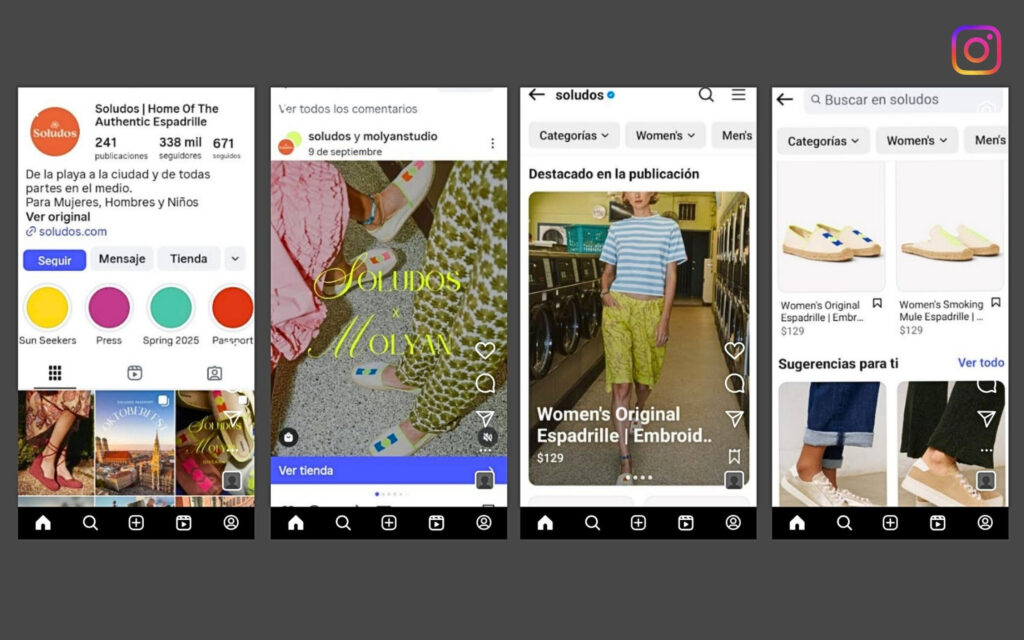 Capturas de una cuenta de empresa. Un ejemplo de catálogo en Instagram Shopping con perfil de marca, productos destacados y opciones de compra.