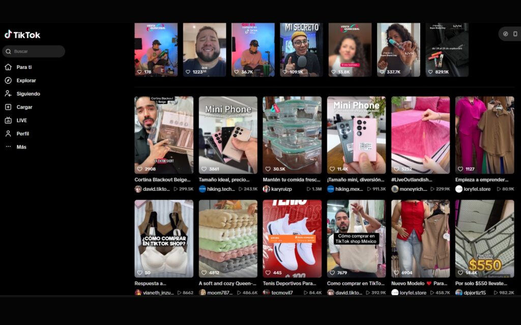 Ejemplos de productos en TikTok Shop México como ropa, tenis, brasieres, gadgets y artículos para el hogar.