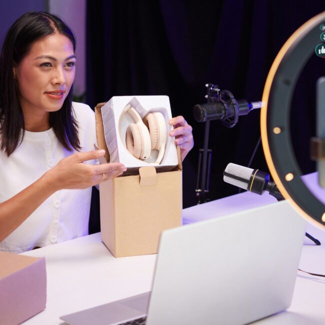 Emprendedora mexicana mostrando unos audífonos en cámara para vender en TikTok Shop desde su casa