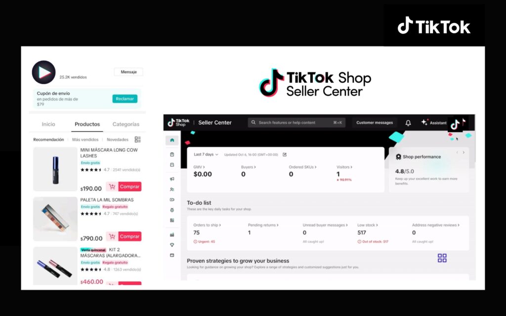  Panel de TikTok Shop Seller Center México para registrar tiendas, gestionar productos, pagos, envíos y reportes.