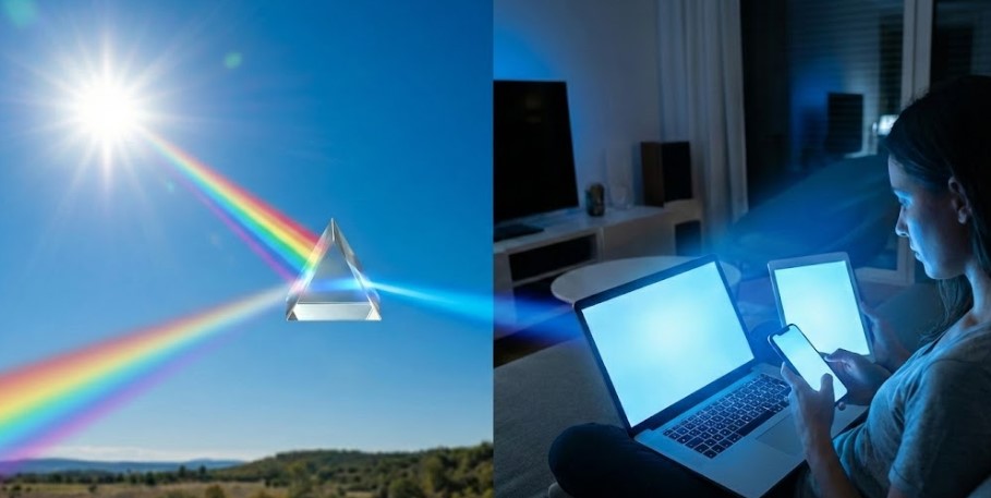 Comparación entre luz azul natural del sol descompuesta en el espectro visible y luz azul artificial emitida por pantallas LED