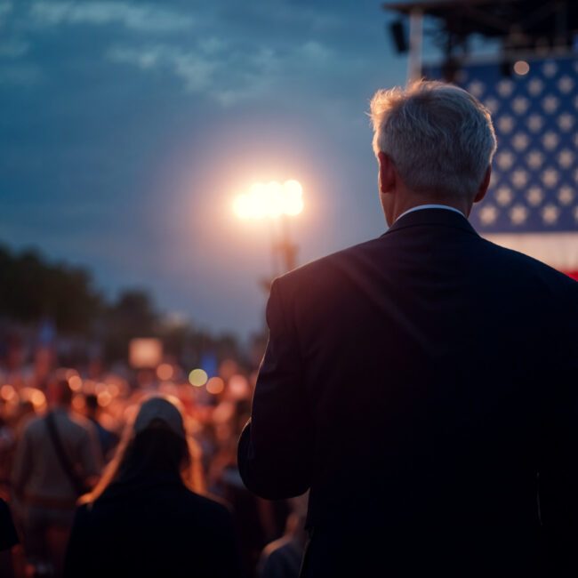 Vista de espaldas de un hombre en medio de una multitud. Se ve una bandera de Estados Unidos.
