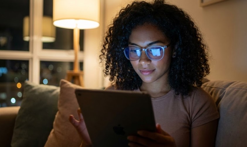 Mujer usando una tablet con gafas de filtro para luz azul, diseñadas para proteger la vista durante el uso prolongado de pantallas