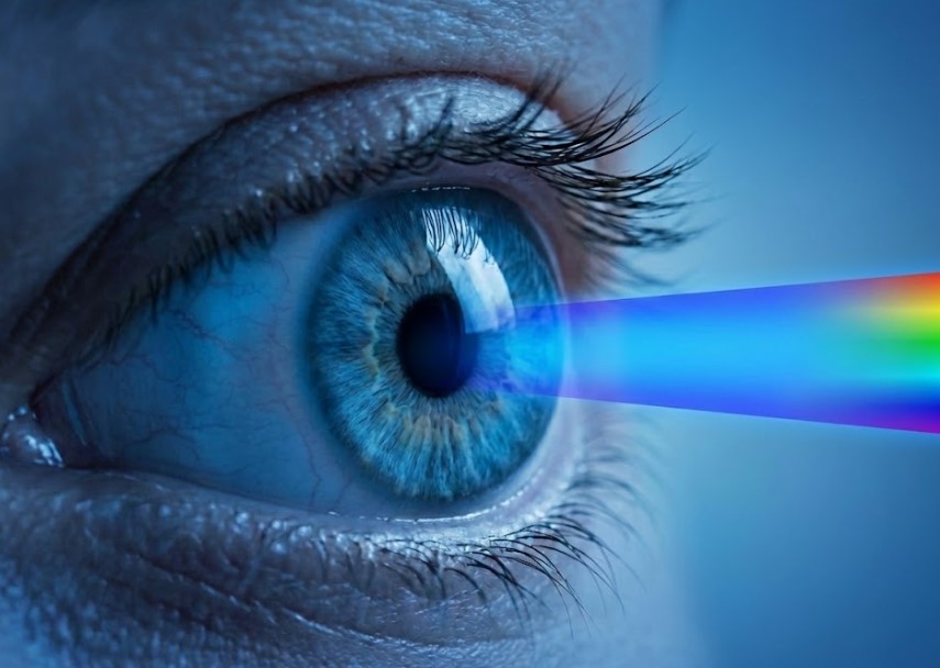 Primer plano de un ojo humano recibiendo luz azul del espectro visible, mostrando su interacción con la retina y la visión.