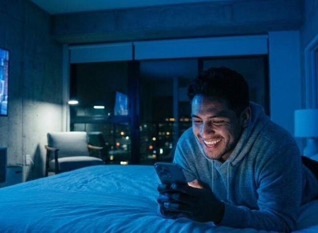 Persona usando el celular por la noche en una habitación oscura, expuesta a la luz azul emitida por pantallas