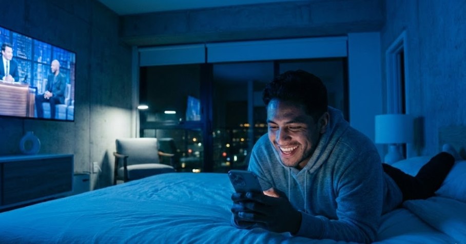 Persona usando el celular por la noche en una habitación oscura, expuesta a la luz azul emitida por pantallas