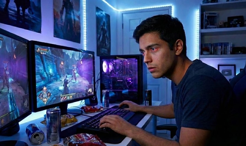 Persona usando varias pantallas durante horas, expuesta a luz azul asociada a fatiga visual y cansancio ocular